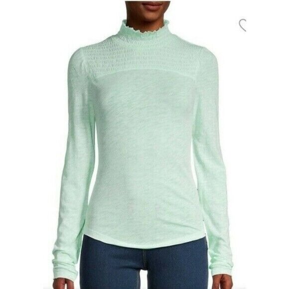 Free People Womens Caroline Gathered Mock Turtleneck in Aqua Size Small - Picture 1 of 8